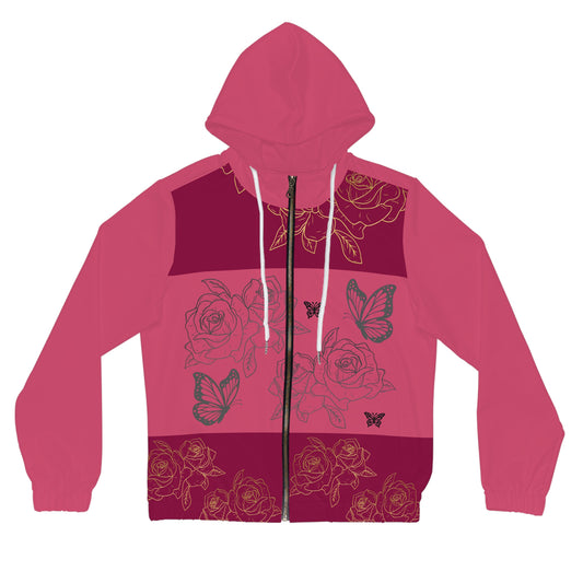 Floral Butterfly Full‑Zip Hoodie — Pink Rose Garden Jacket©
