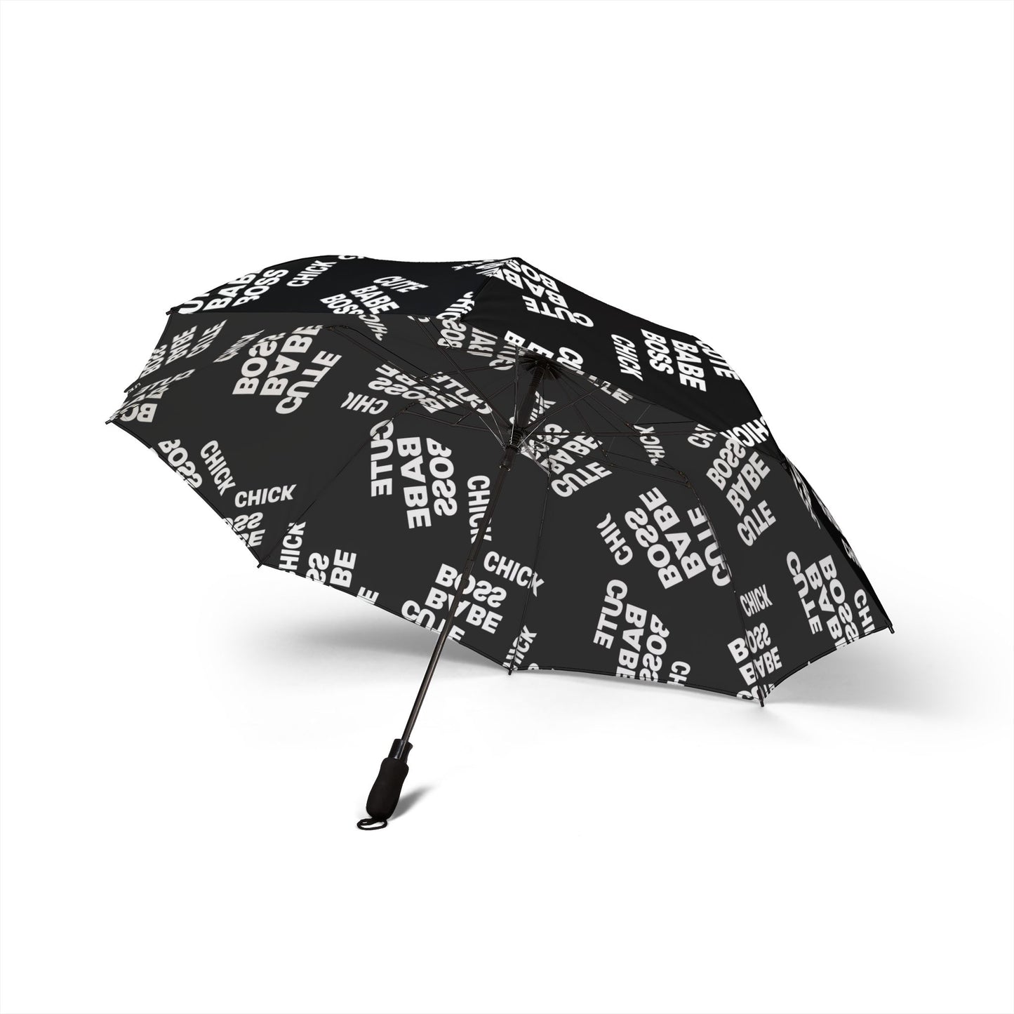 Foldable Umbrella — Black "Cute Babe Boss Chick" Pattern, Semi-Automatic Compact Rain Umbrella©