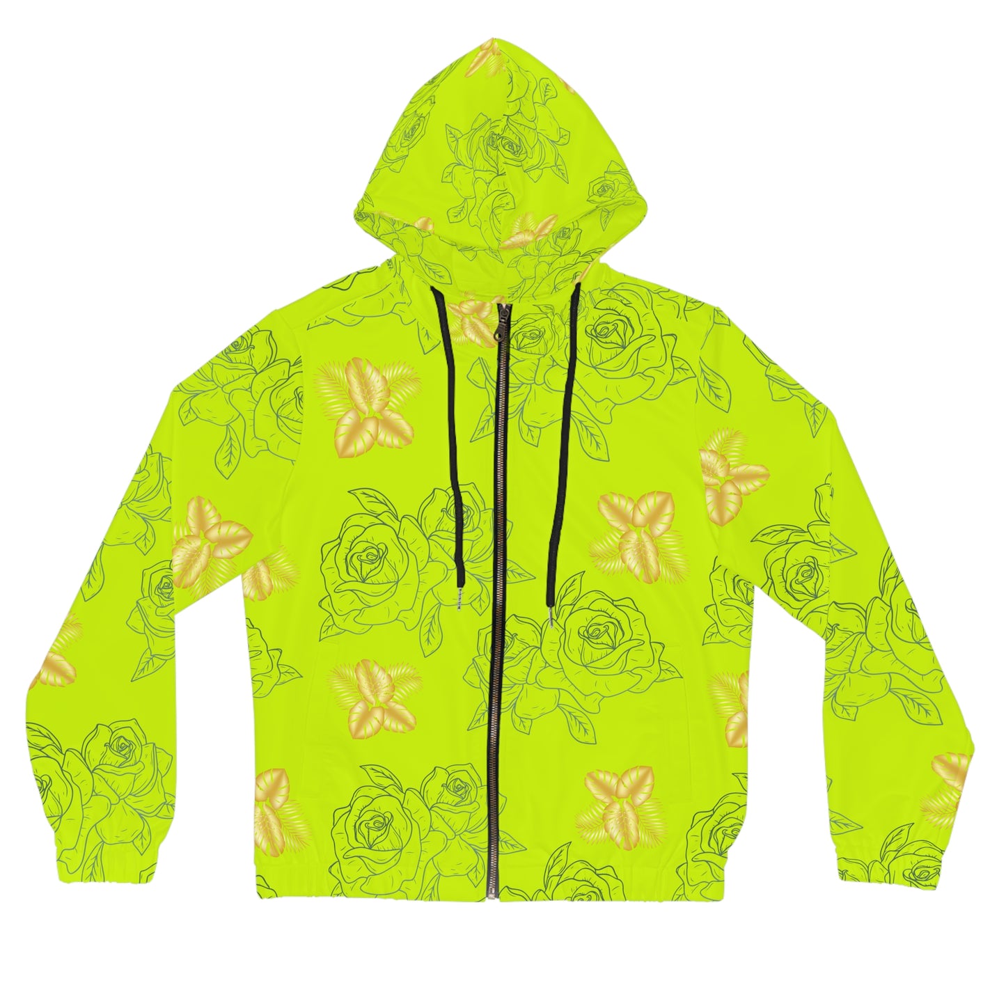 Floral Neon Rose Full-Zip Hoodie — Yellow Green Patterned Women’s Jacket©