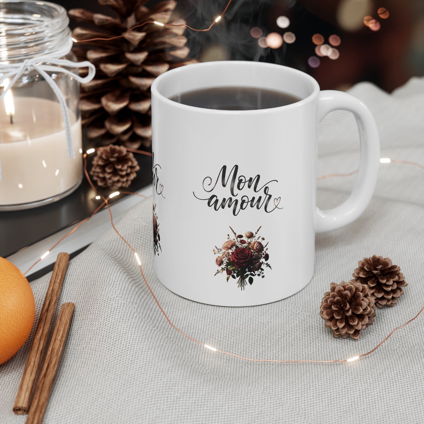 Mon Amour Floral Mug – Romantic French Script Coffee Cup, Valentine's Day Gift