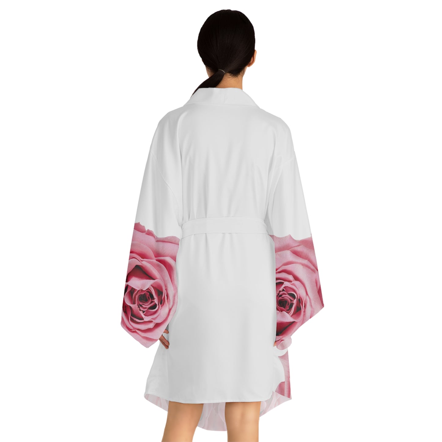 Pink Rose Kimono Robe — Floral Long Sleeve Lounge Wrap©