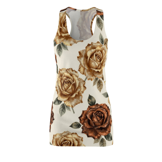 Vintage Brown Rose Racerback Dress — Floral All-Over Print Summer Dress©