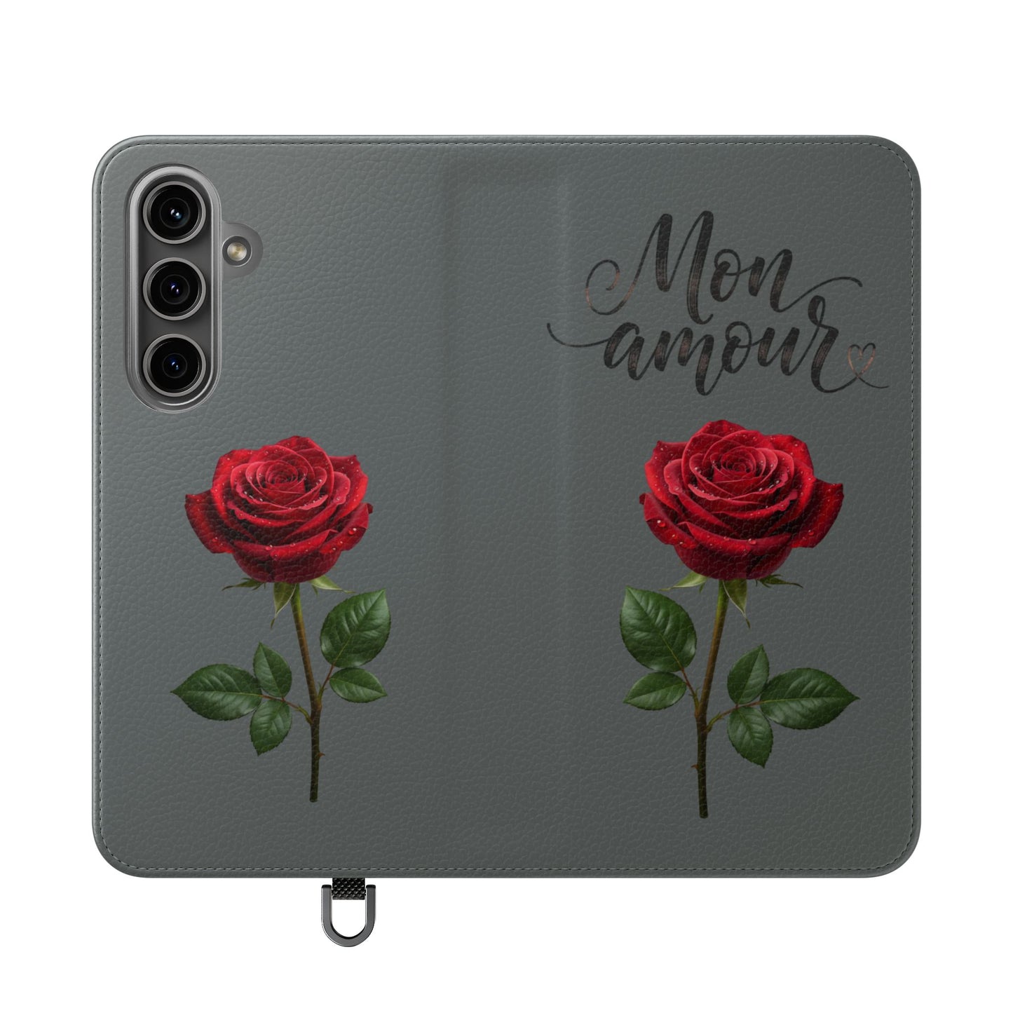 Mon Amour Rose Flip Phone Case — Floral Wallet Flip Case with 'Mon amour' Script